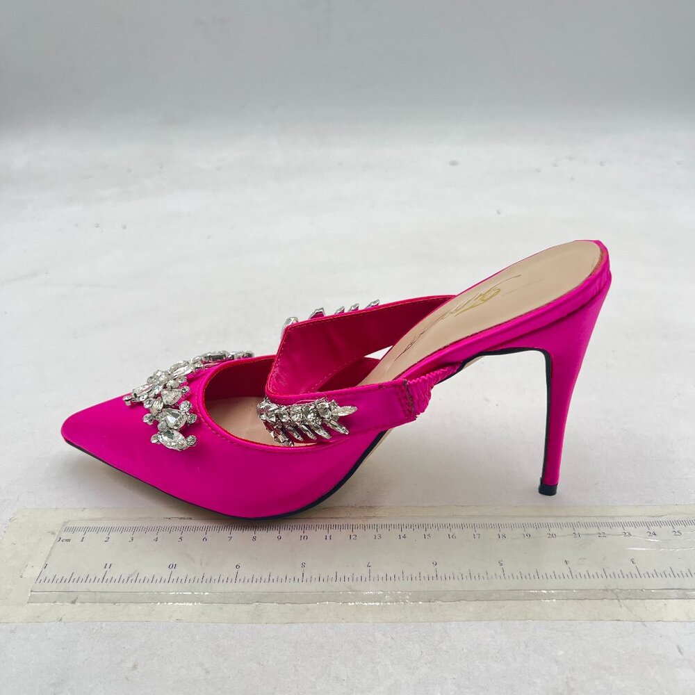 FOWT Hot PInk Rhinestone Mules High Stiletto Heels Pointed Toe Strappy Sandals